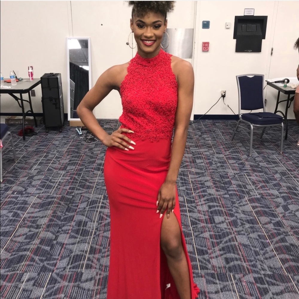 Red Evening Gown with a Slit.